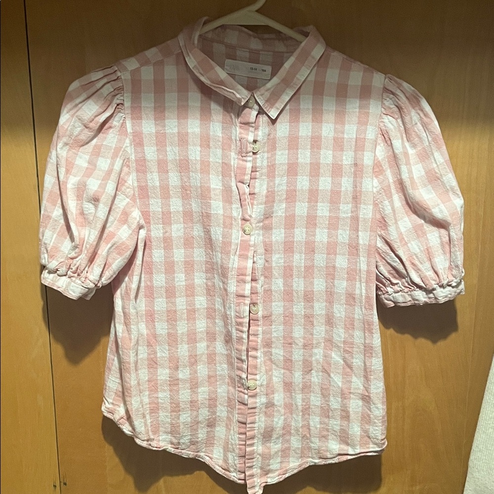 Zara Kids Pink and White Plaid Button-Up Shirt